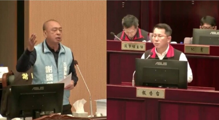 謝國榮議員質詢縣府民政處長兼青發中心執行長明良臻，怒批青發中心根本就是掛羊頭賣狗肉。（記者 趙靜姸翻攝）