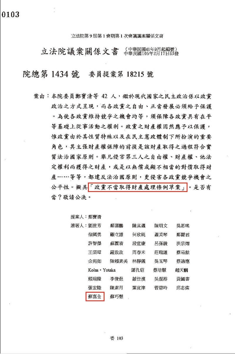 前立法院長蘇嘉全任內，也是｢政黨不當取得財產處理條例草案｣的連署人。(圖／立法院國民黨團提供)