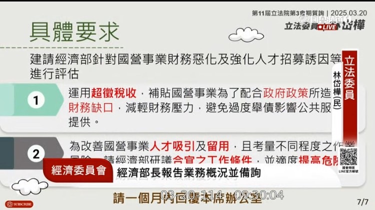 林岱樺強調，國營事業員工在颱風及災害發生時維持民生穩定，理應獲得合理的報酬與危險加給。。(圖／國會頻道)